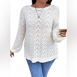 White Cotton Pointelle Knit Pullover Crewneck Sweater